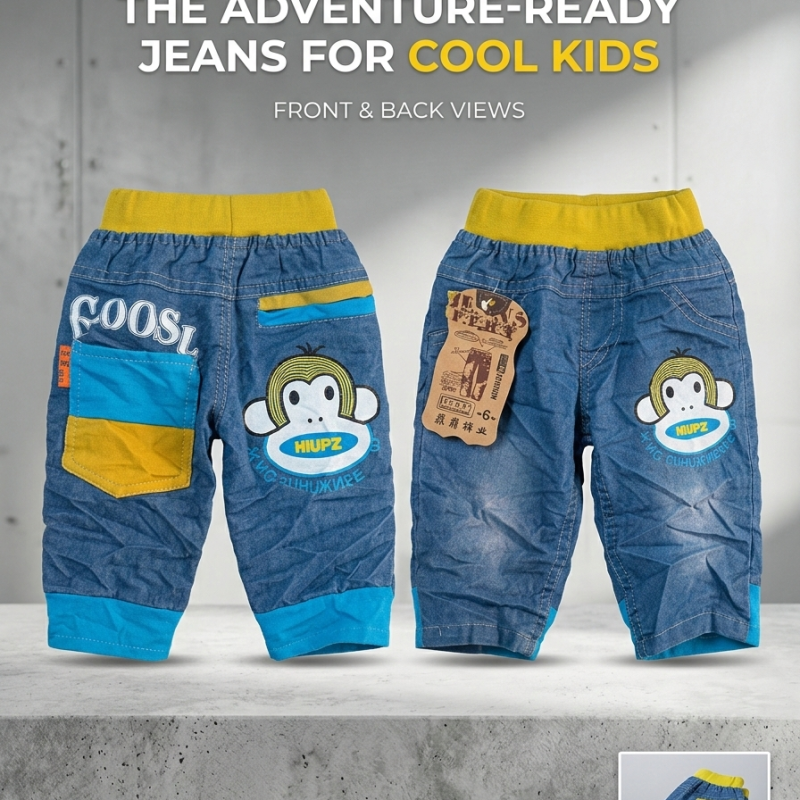 blue denim with monkey graphics