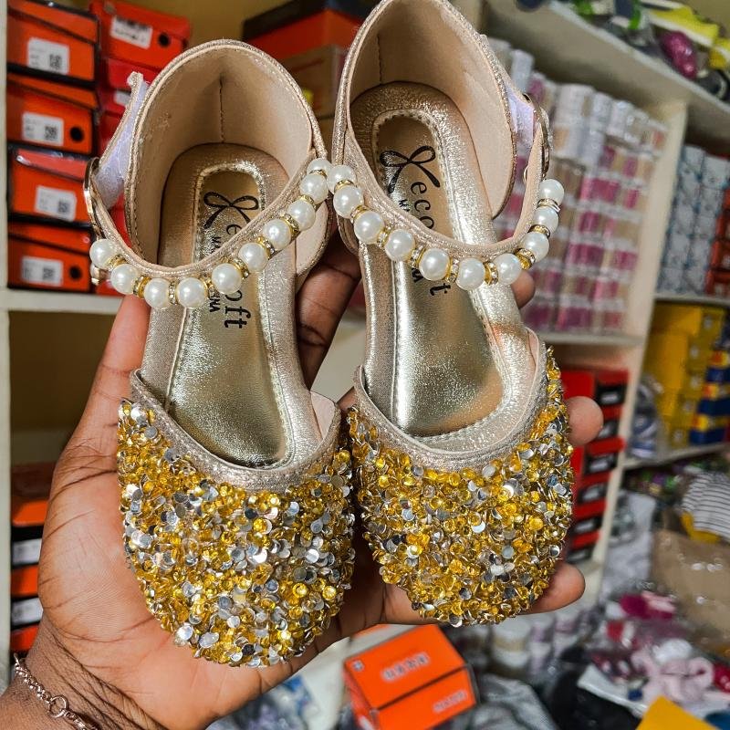 Gold sequin and faux pearl flat sandals