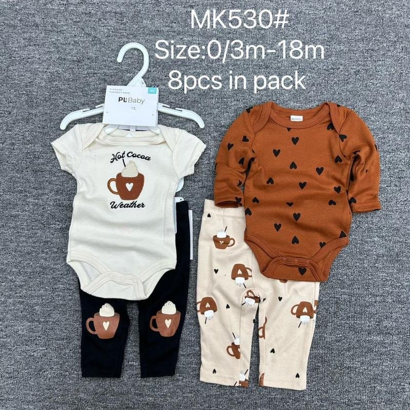 8-piece baby clothing set featuring a "Hot Cocoa Weather"