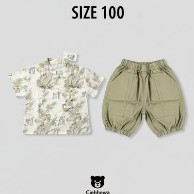 patterned short sleeved top and barrel style shorts