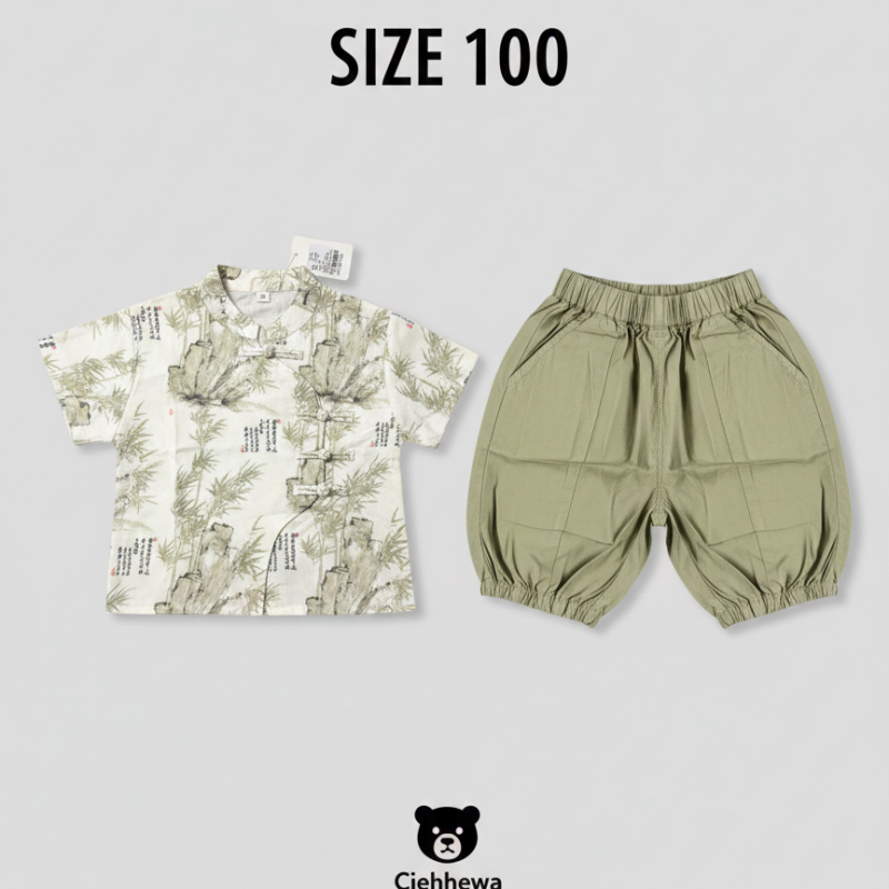 patterned short sleeved top and barrel style shorts