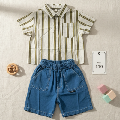 striped shirt and solid denim short