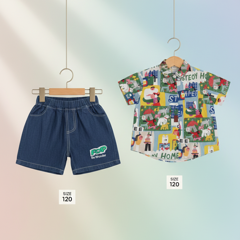 vibrant print shirt and denim short 6-7 yrs